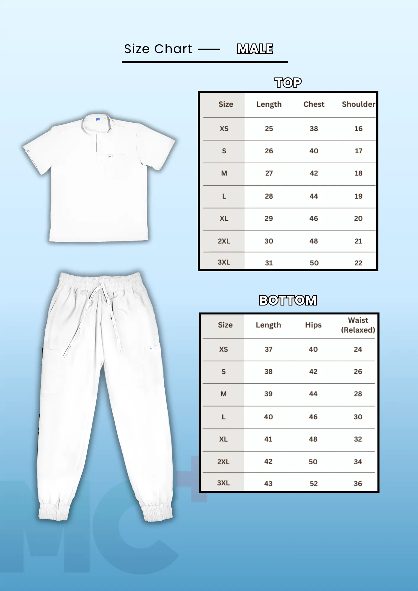 Medical Coat Plus men scrub size guide (tops and pants)