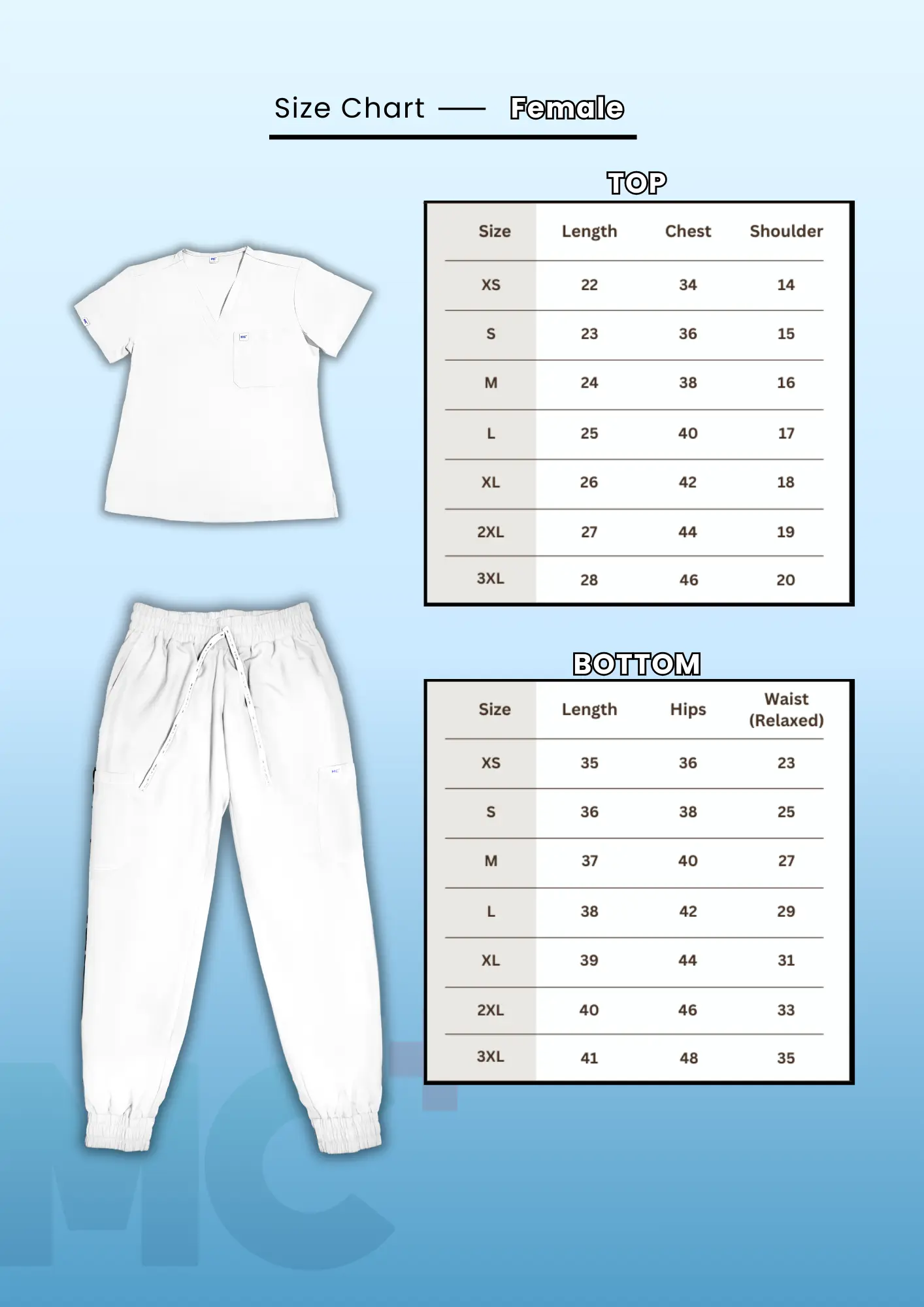 Medical Coat Plus women scrub size guide (tops and pants)